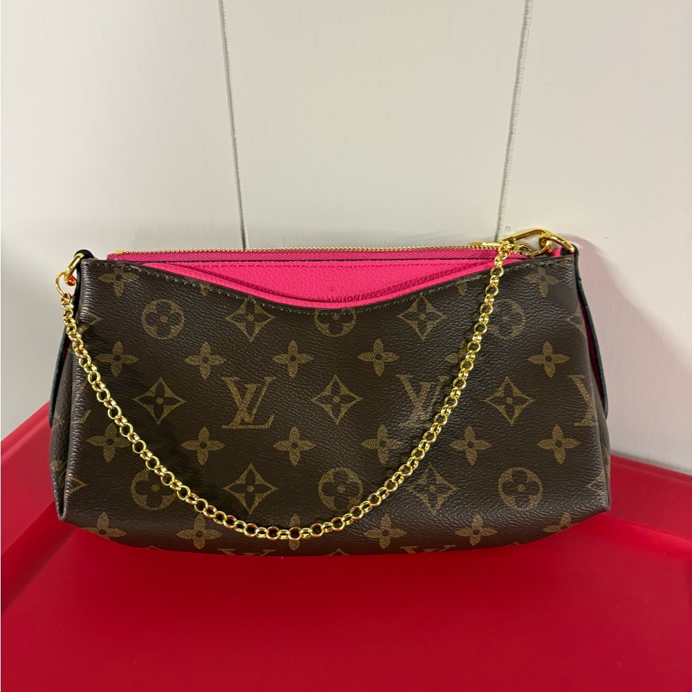 Brown Monogram Clutch with Pink Trim
